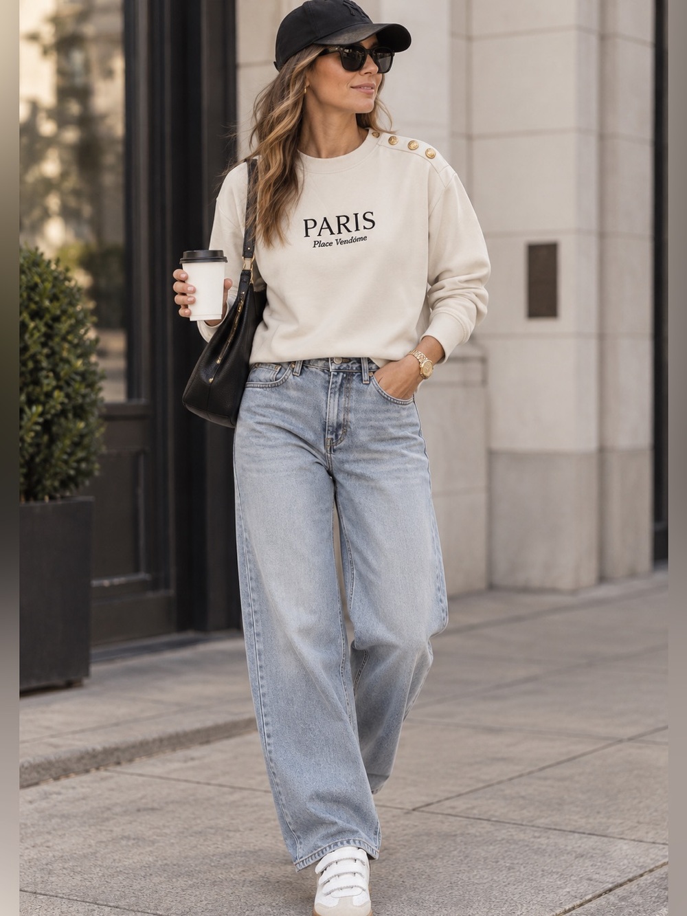 H&M Cream Crewneck Sweatshirt with PARIS Embroidery and Gold Buttons